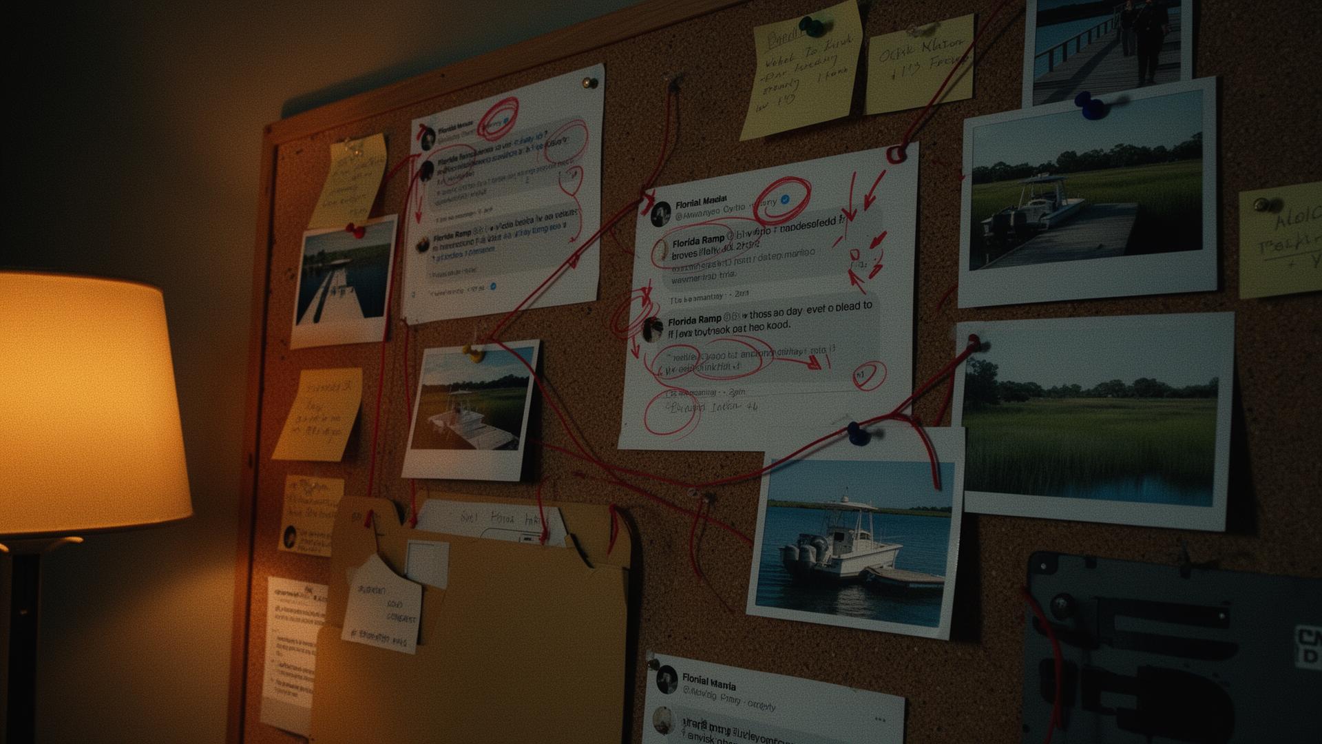 Investigative corkboard wall with screenshots, polaroids, sticky notes, and red string.